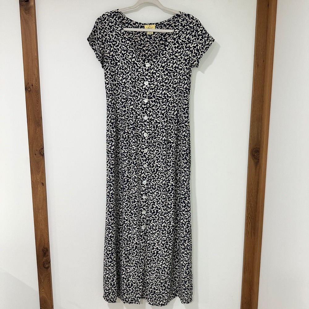 Limited America Vintage Maxi Dress Womens Small Navy Black Scroll Rayon 90s
